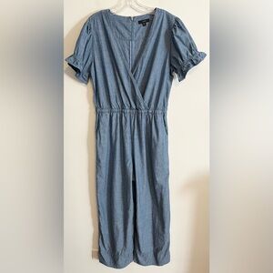 J. Crew Short Sleeved Chambray Blue Wide Leg Cropped Leg Jumpsuit. Size 10 Tall